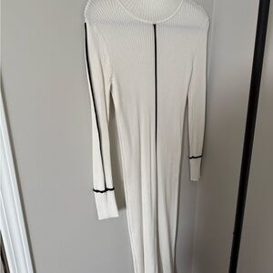 Zara White Long Sleeve Ribbed Dress with Black Trim